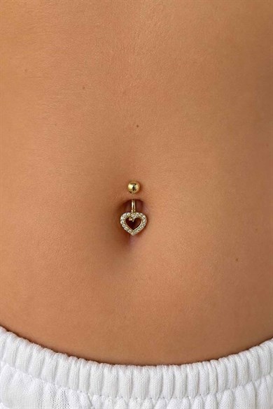 Altın Renk Kalp Figürlü Taşlı Cerrahi Çelik Göbek Piercing
