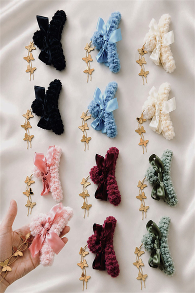 12li Karışık Renk Kelebek Detaylı  Peluş Mandal Toka Set