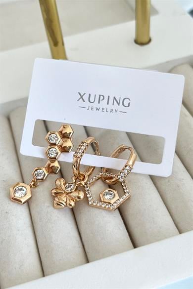 Altın Renk Arı Figürlü Taş Detaylı Çelik Xupıng 3lü Küpe Set (Çift)