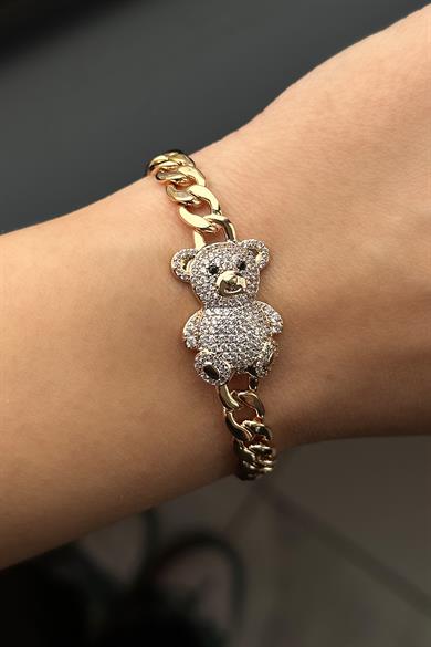 Altın Renk Ayıcık Figürlü Taş Detaylı Çelik Xupıng VİP Bileklik