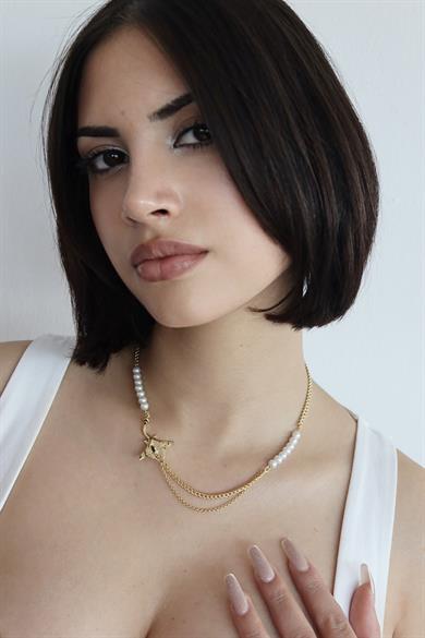 Altın Renk Balık Figürlü İnci Detaylı Çelik Xuping Kolye