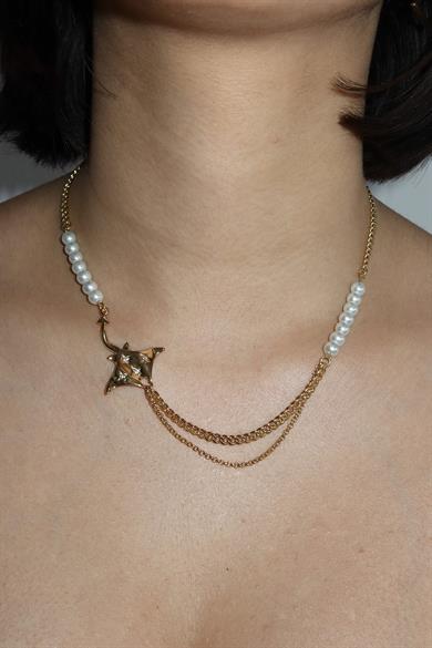 Altın Renk Balık Figürlü İnci Detaylı Çelik Xuping Kolye