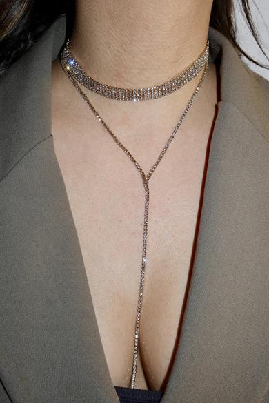 Altın Renk Beş Sıra Taş Detaylı Choker Kolye/ Vücut Aksesuarı