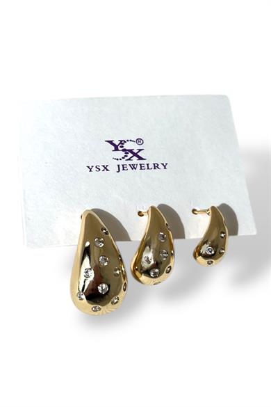 Altın Renk Bottaga Figürlü Taş Detaylı VİP 3lü YSX Küpe Set 