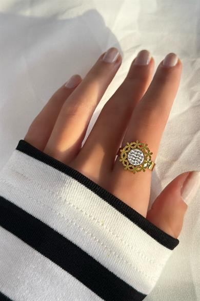 Altın Renk Çiçek Detaylı Çelik Ayarlanabilir Yüzük