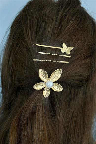 Altın Renk Çiçek Figürlü Lastik Toka Ve Tel Toka Set