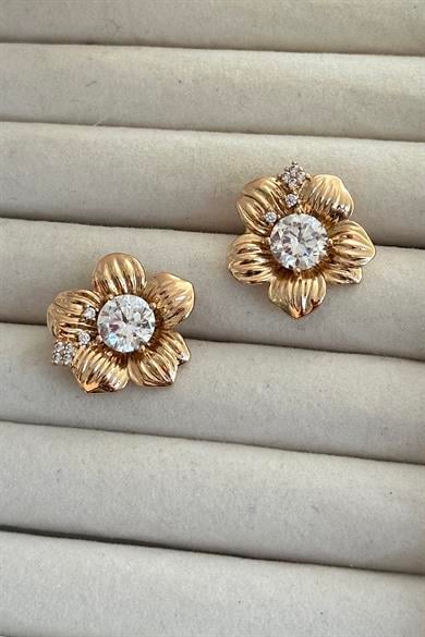 Altın Renk Çiçek Figürlü Taş Detaylı Çelik Xupıng Küpe (Çift)