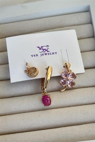 Altın Renk Çiçek Figürlü Taş Detaylı VİP 3lü YSX Küpe Set 