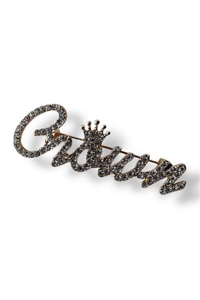 Altın Renk Crown Yazılı Taş Detaylı Broş
