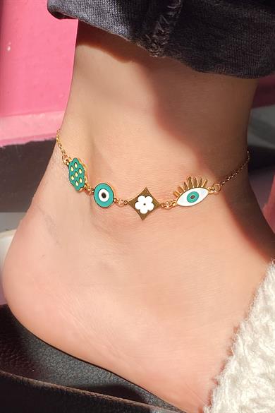 Altın Renk Göz Figürlü Çelik Halhal