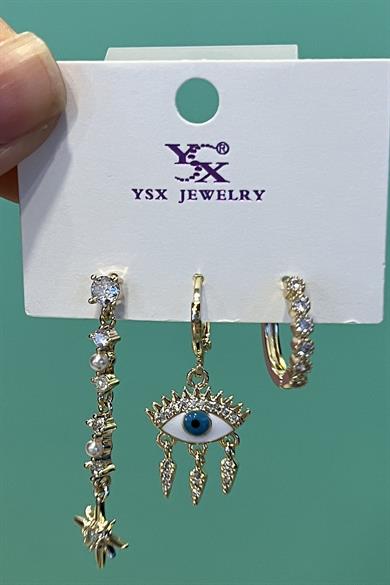 Altın Renk Göz Figürlü 3lü YSX Küpe Set