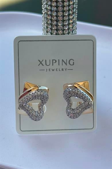 Altın Renk Kalp Figürlü Taş Detaylı Çelik Halka Xupıng Küpe (Çift)