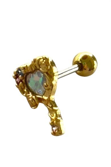 Altın Renk Kalp Figürlü Taş Detaylı Cerrahi Çelik Tragus/Kıkırdak Küpe/Piercing (Tek)