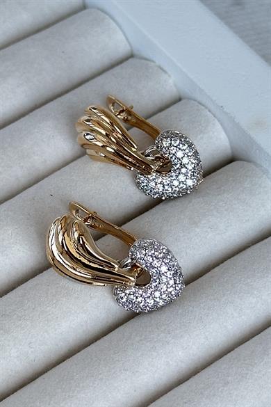 Altın Renk Kalp Figürlü Taş Detaylı Çelik Xupıng Küpe (Çift)