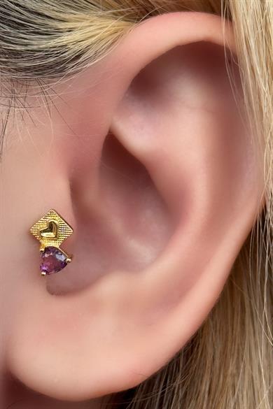 Altın Renk Kalp Figürlü Taş Detaylı Cerrahi Çelik Tragus/Kıkırdak Küpe/Piercing (Tek)