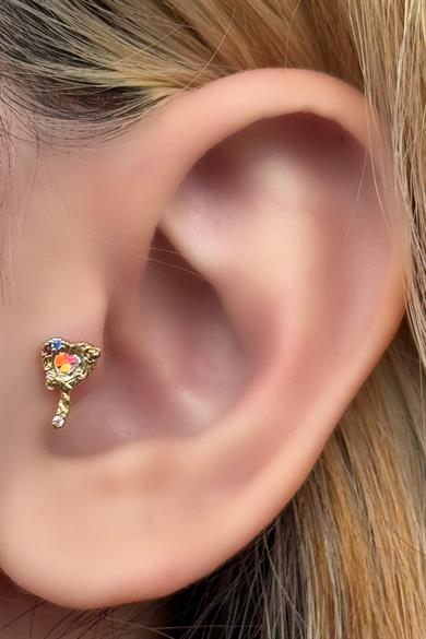 Altın Renk Kalp Figürlü Taş Detaylı Cerrahi Çelik Tragus/Kıkırdak Küpe/Piercing (Tek)