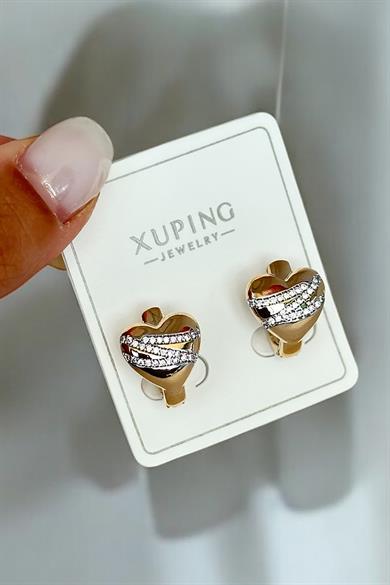 Altın Renk Kalp Figürlü Taş Detaylı Çelik Xupıng Küpe (Çift)