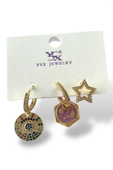 Altın Renk Karışık Figürlü Taş Detaylı VİP 3lü YSX Küpe Set