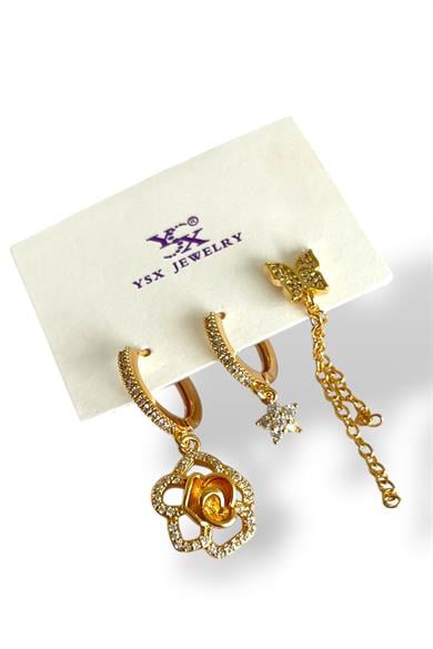 Altın Renk Kelebek Figürlü Taş Detaylı 3lü YSX Küpe Set