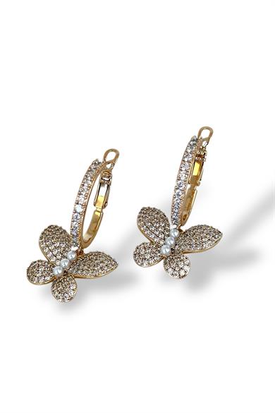 Altın Renk Kelebek Figürlü Taş Ve İnci Detaylı Çelik Xupıng Küpe (Çift)