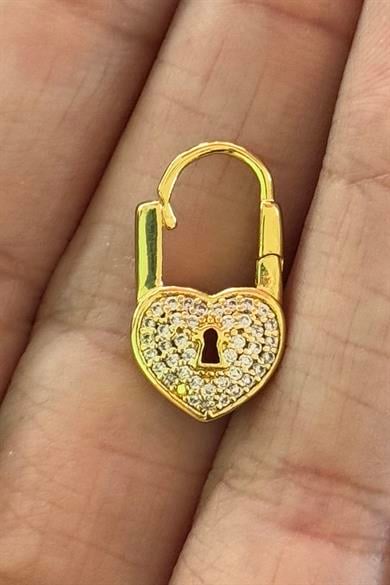 Altın Renk Kilit Figürlü Taş Detaylı Çelik Halka Tragus/Kıkırdak Küpe/Piercing (Tek)