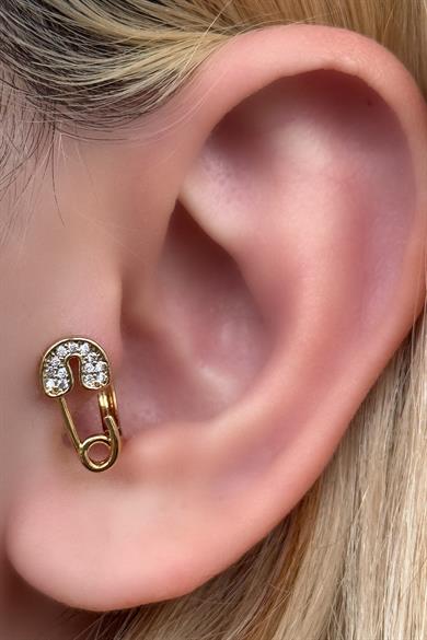 Altın  Renk Kilit Figürlü Taş Detaylı Cerrahi Çelik Halka Tragus/Kıkırdak Küpe/Piercing (Tek)