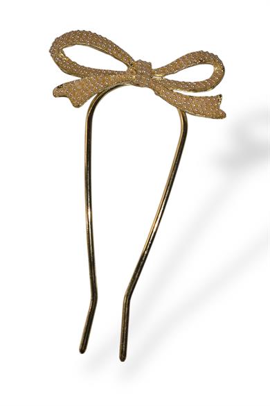 Altın Renk Kurdele Figürlü İnci Detaylı Metal Topuz Tokası/ Kalemi