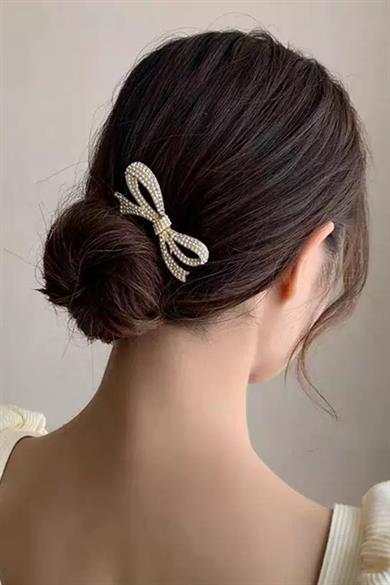 Altın Renk Kurdele Figürlü İnci Detaylı Metal Topuz Tokası/ Kalemi