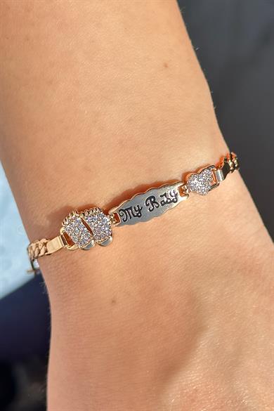 Altın Renk My Baby Yazılı Taş Detaylı Çelik Xupıng VİP Bileklik