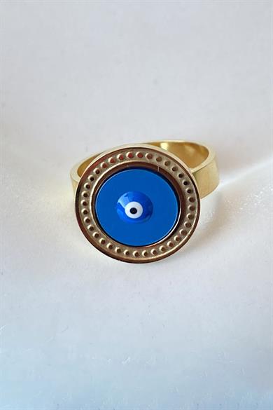 Altın Renk Nazar Boncuğu Figürlü Ayarlanabilir Çelik Yüzük