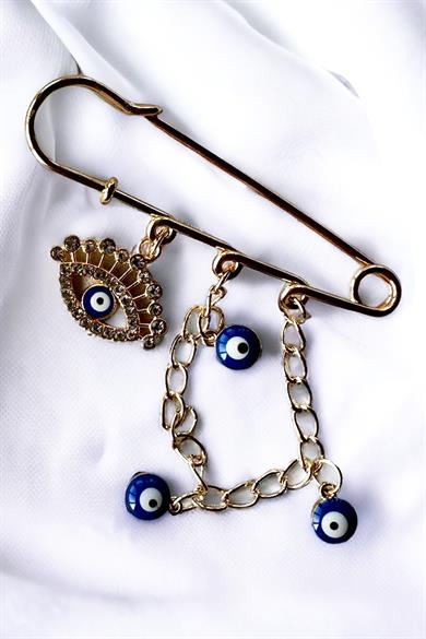 Altın Renk Nazar Boncuk Detaylı Göz Figürlü Broş 