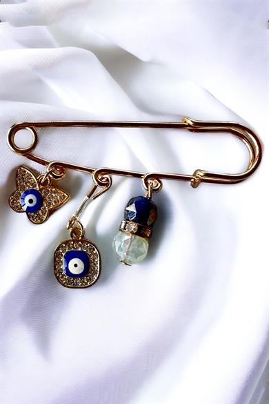 Altın Renk Nazar Boncuk Detaylı Karışık Figürlü Broş