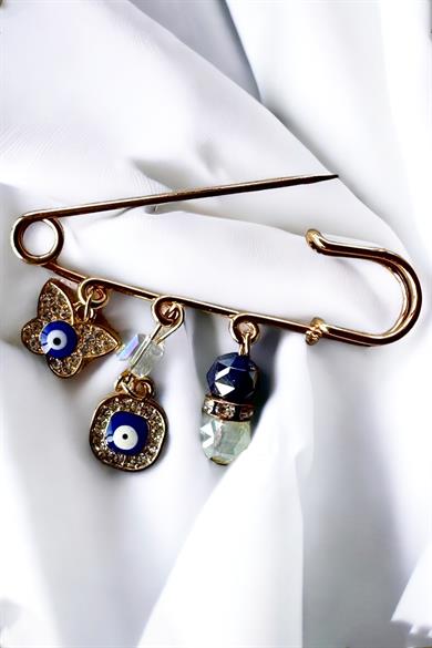 Altın Renk Nazar Boncuk Detaylı Karışık Figürlü Broş