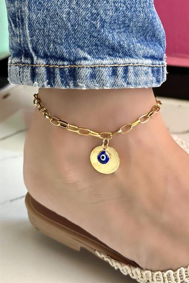 Altın Renk Nazar boncuğu Figürlü Çelik Halhal