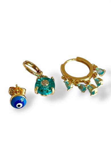 Altın Renk Nazar Boncuk Figürlü Taş Detaylı 3lü YSX Küpe Set