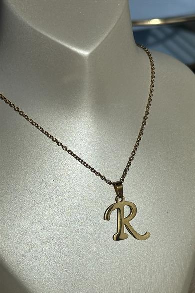 Altın Renk R Harfli Çelik Kolye Ve Küpe Set