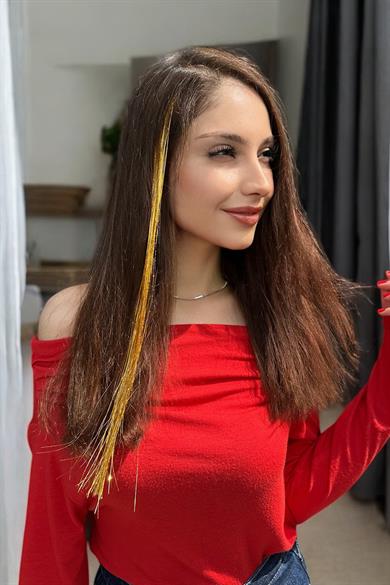 Altın Renk Simli Yan Çıtçıtlı Postiş Hair Tinsel Shiny Hair (50 CM)