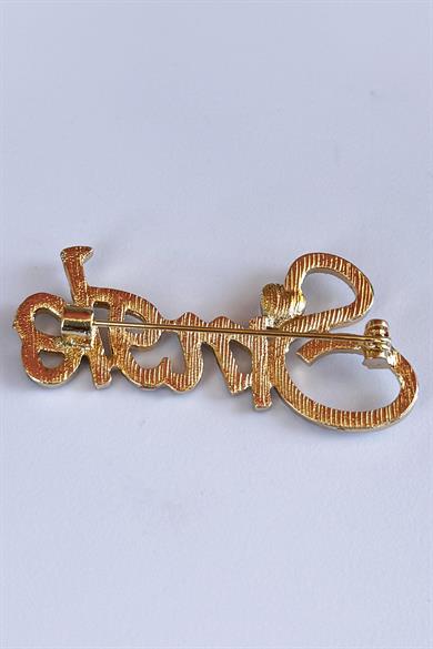 Altın Renk Single Yazılı Taşlı Broş