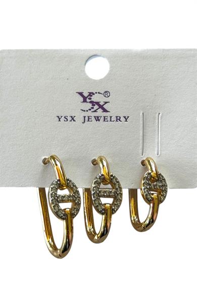 Altın Renk Taş Detaylı 3lü YSX Küpe Set