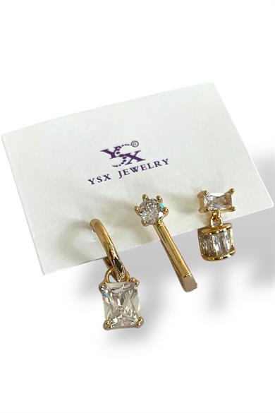 Altın Renk Taş Detaylı 3lü YSX Küpe Set