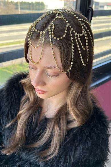 Altın Renk Taş Detaylı Alınlık/Kına Aksesuarı