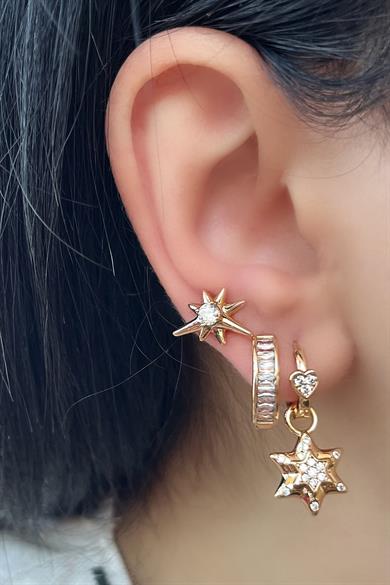 Altın Renk Taş Detaylı Çelik 3lü Xuping Küpe Set