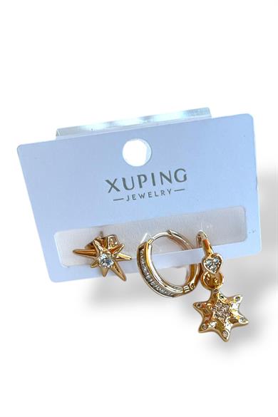 Altın Renk Taş Detaylı Çelik 3lü Xuping Küpe Set