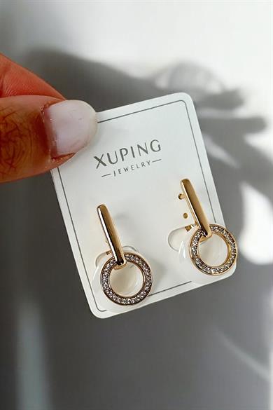 Altın Renk Taş Detaylı Çelik Halka Xupıng Küpe (Çift)