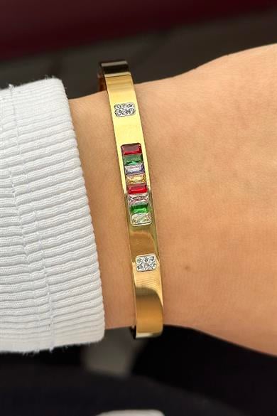 Altın Renk Taş Detaylı Çelik Kelepçe Bileklik