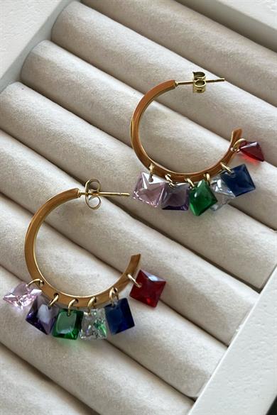 Altın Renk Taş Detaylı Çelik Halka  Küpe (Çift)