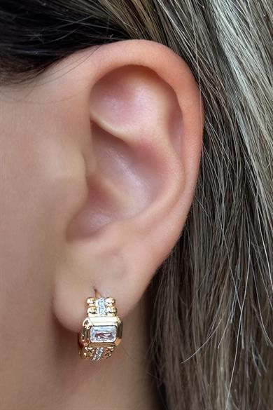 Altın Renk Taş Detaylı Çelik Xupıng Halka Küpe (Çift)