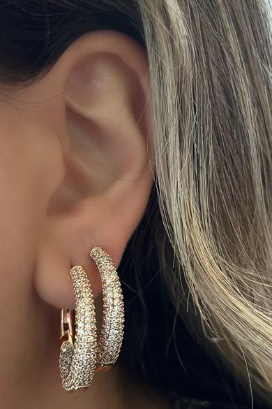 Altın Renk Taş Detaylı Halka Çelik Xuping Küpe (Çift)