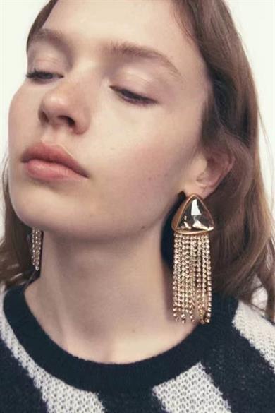 Altın Renk Taş Detaylı Sallantılı Abiye Küpe (Çift)