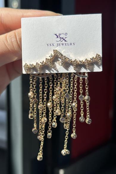 Altın Renk Taş Detaylı Sallantılı VİP YSX Küpe (Çift)